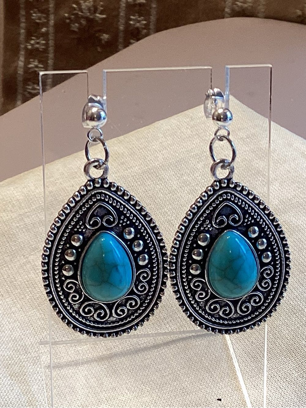 Faux Turquoise Teardrop Silver-Accent Earrings
